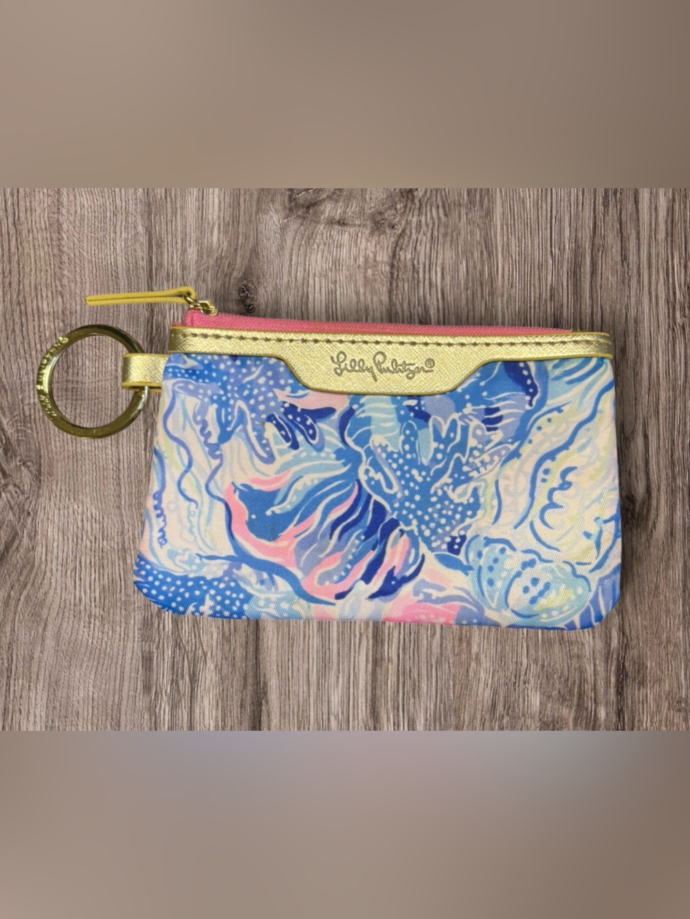 LILLY PULITZER ID Case Wallet Keychain In Shade Seekers Saltwater Blue Pink